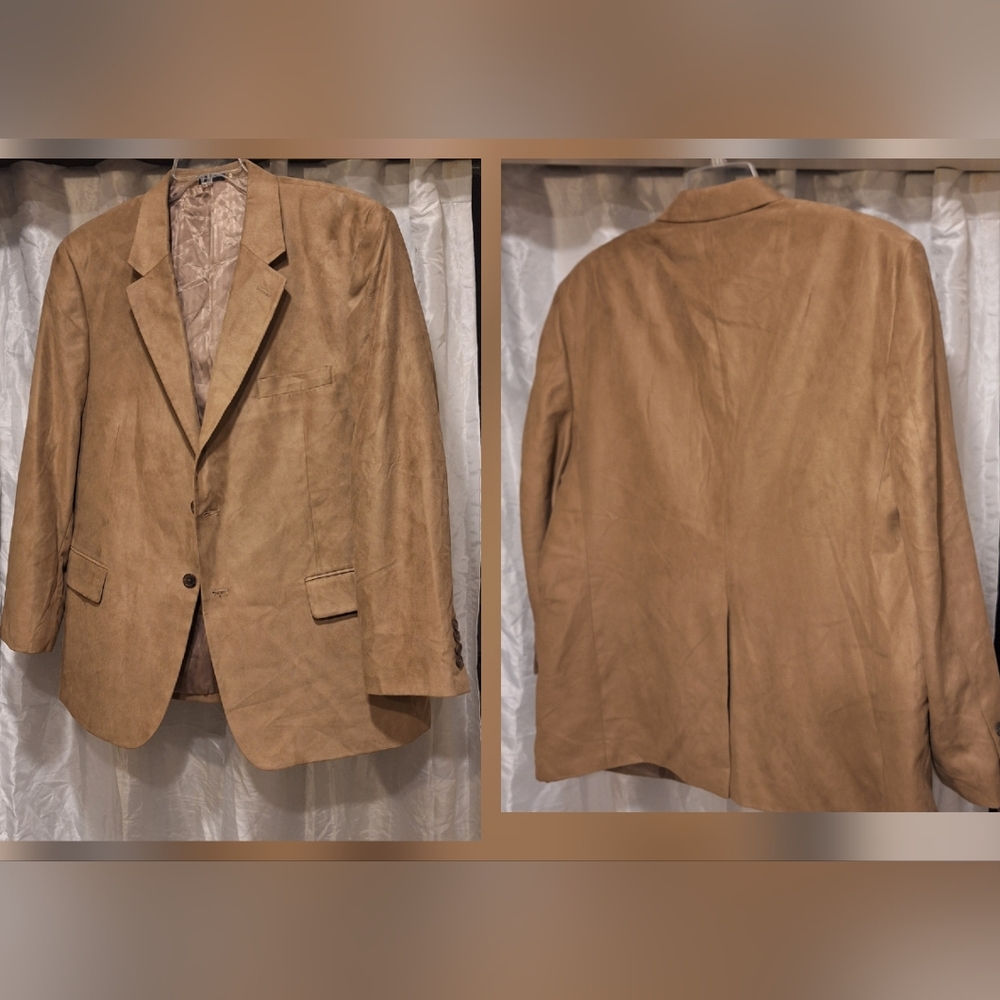 Mens Faux Suede Blazer Sport Coat Cognac Tan Stafford 2 Button Polyester 46 R
